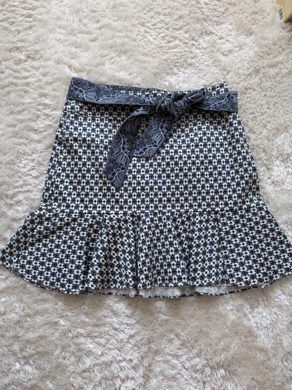 Veronica Beard Blue Patterned Ruffle Skirt with Waist Tie